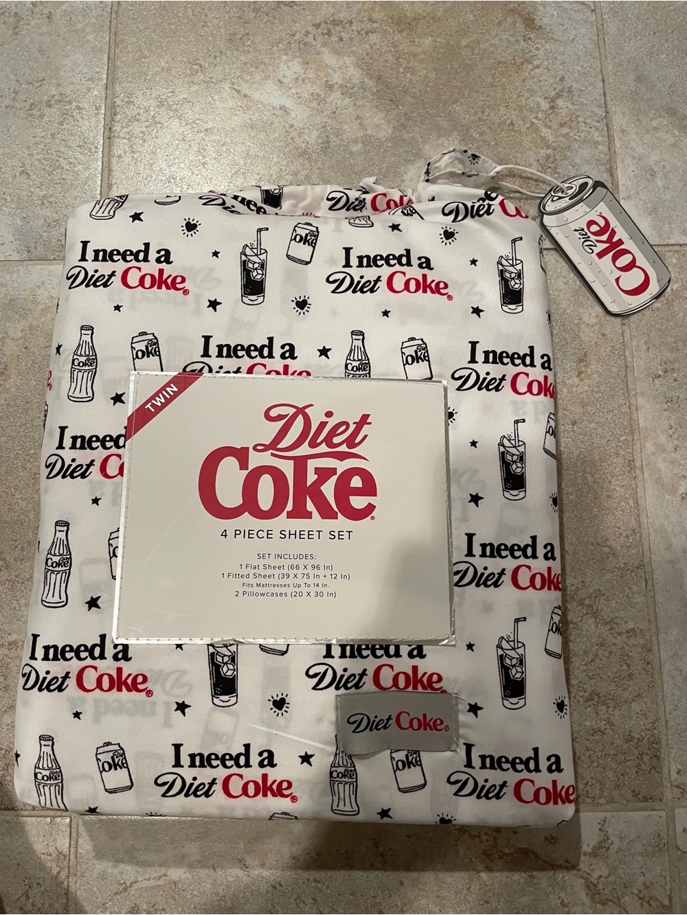 NWT “I Need a Diet Coke” Twin Size Sheet Set